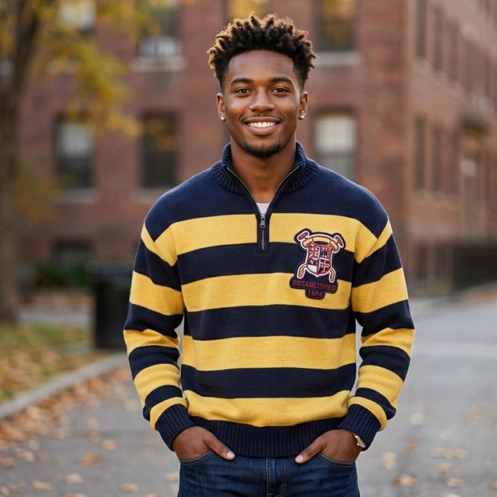 American-vintage Men's Navy and Yellow Jumper